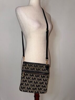 Michael Kors Black and Beige MK Logo Crossbody Bag